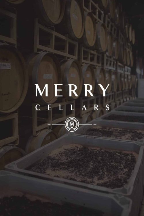 Merry Cellars' wine barrels under a black overlay with a white logo